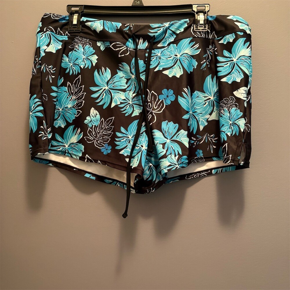 Aqua Eve Swim Shorts Womens 2XL Blue Teal Black Tropical Floral Drawstring